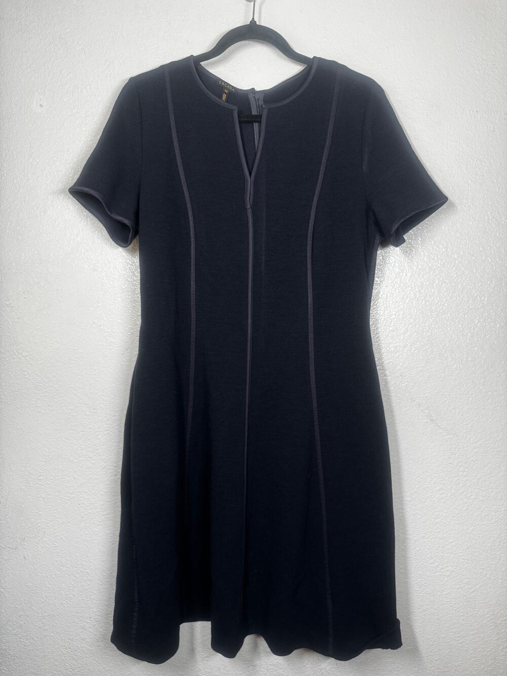 Escada Fit & Flare Navy Blue Split Neck Piped Short Sleeve Dress Sz 44 Women's/L